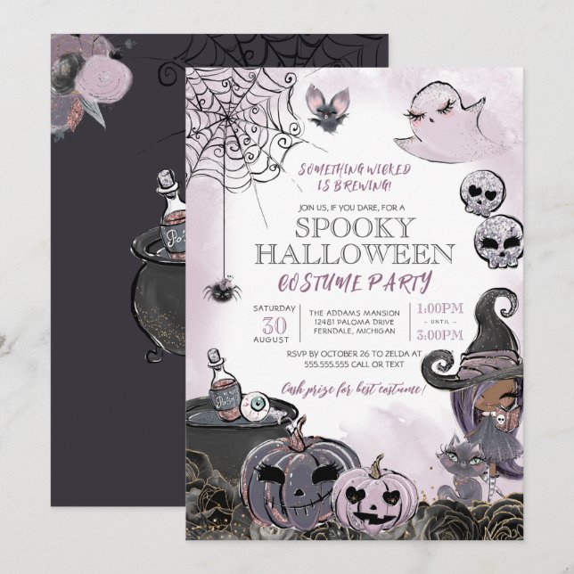 Invitation Costume d'Halloween Soirée mignonne sorcière Éffra (Devant / Derrière)