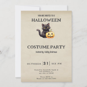 Invitation Costume d'Halloween Vintage Citrouille de chat noi