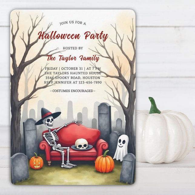 Invitation Costume fantôme de squelette de cimetière Fête d'H (Graveyard Lounge Halloween Invite Skeleton, Ghost & Pumpkins Costume Party)