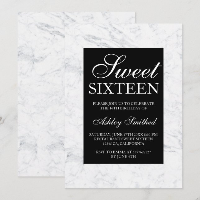 Invitation Costume noir et blanc marbre chic Sweet 16 (Devant / Derrière)