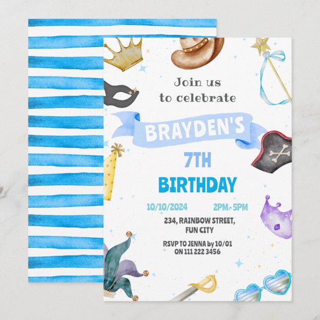 Invitation Costume Party Enfants Bleu Garçon se vêtir Anniver (Devant / Derrière)