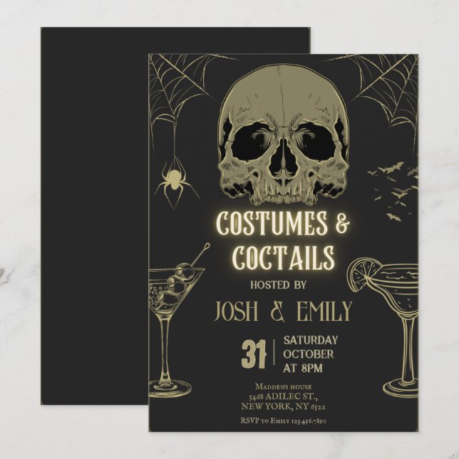 Invitation Costumes & Cocktails Halloween Adulte Party Scull (Devant / Derrière)