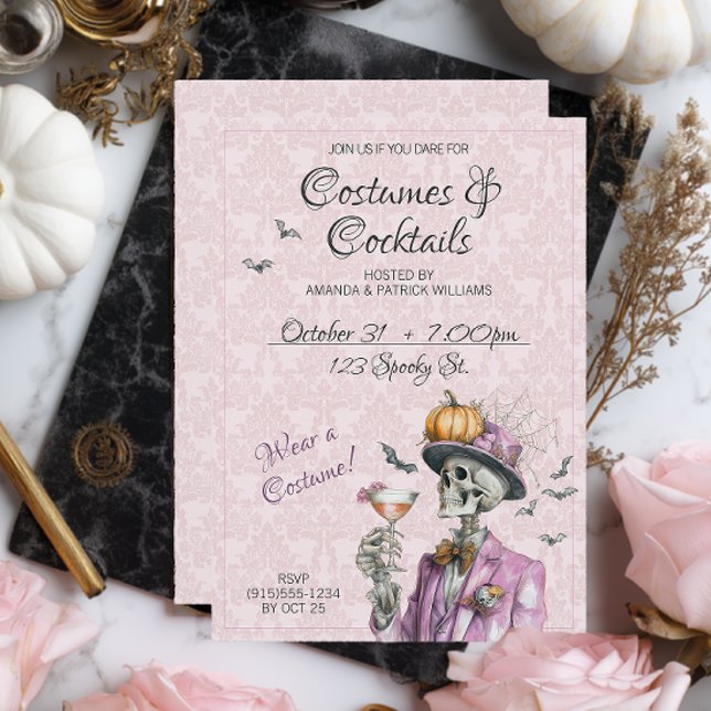 Invitation Costumes Élégants Cocktails Adulte Halloween (Elegant Costumes and Cocktails Halloween Party Invite)