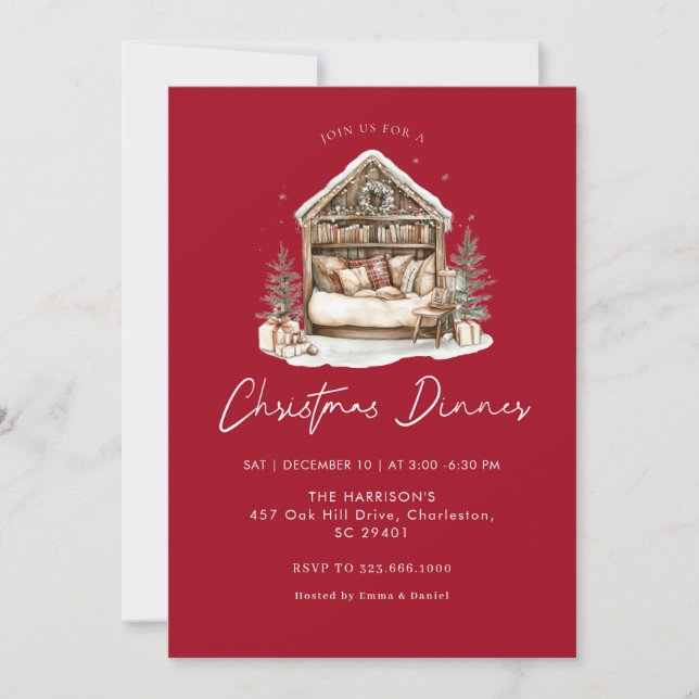 Invitation Cosy aquarelle Dîner de Noël (Devant)