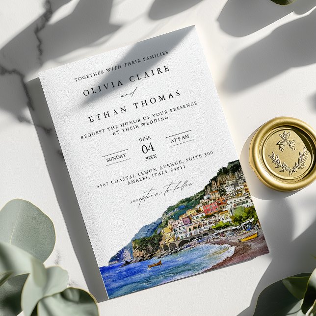 Invitation Côte d'Amalfi Italie Aquarelle Destination Mariage (Créateur téléchargé)