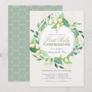 Invitation Coton Garden Wreath Green First Holy Communion