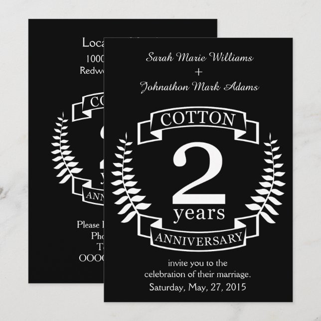Invitation Coton mariage anniversaire 2 ans mariés (Devant / Derrière)