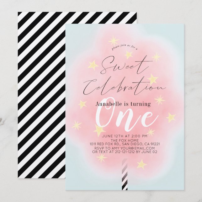 Invitation Coton rose bonbon douce fille 1er anniversaire (Devant / Derrière)