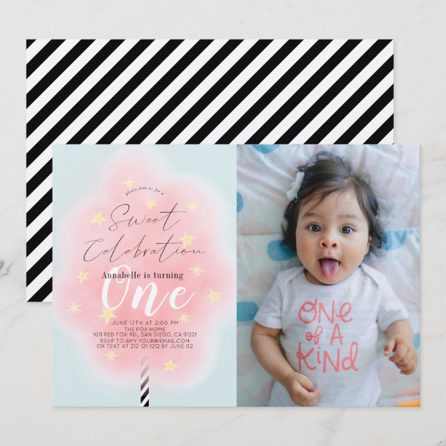Invitation Coton rose bonbon douce fille 1er anniversaire Pho (Devant / Derrière)