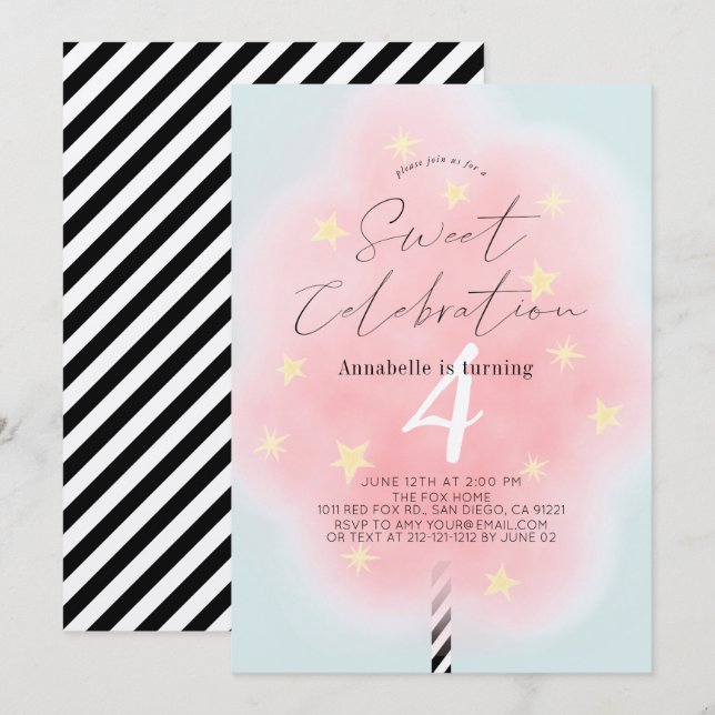 Invitation Coton rose bonbon douce fille Anniversaire Invitat (Devant / Derrière)