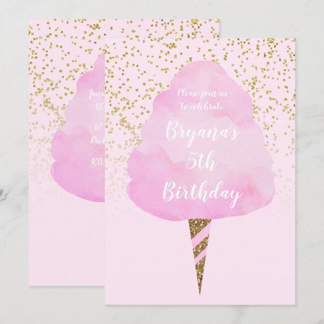 Invitation Coton rose Bonbons & Gold Confetti fête d'annivers (Devant / Derrière)