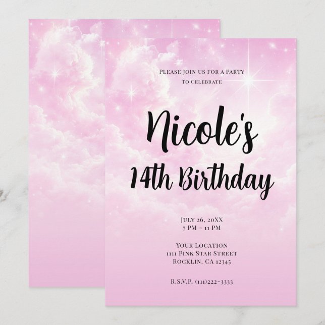 Invitation Coton rose Bonbons Nuages Starry Sky Anniversaire (Devant / Derrière)
