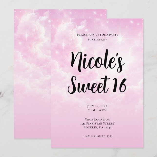 Invitation Coton rose bonbons Nuages Starry Sky Sweet 16 Part (Devant / Derrière)