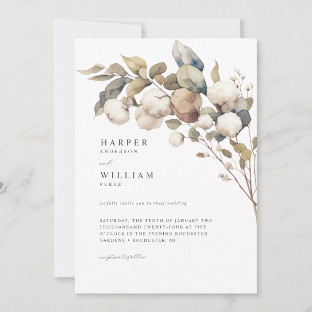 Invitation coton rustique naturel & eucalyptus mariage (Devant)