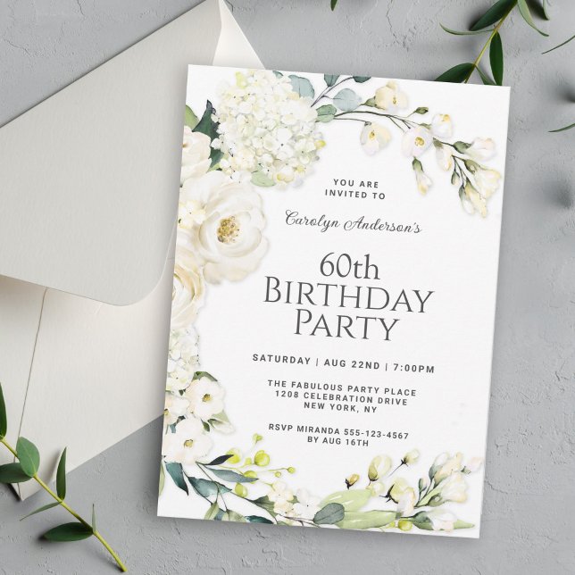 Invitation Cottage Blanc Floral 60e fête d'anniversaire (Available as printed or paperless digital download!)