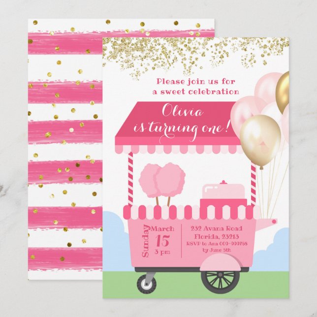 Invitation Cotton Candy Sweet Celebration Anniversaire (Devant / Derrière)