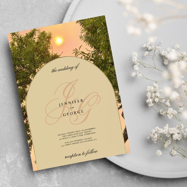 Invitation Coucher de soleil orange vert monogramme mariage i (Green orange ivory sunset monogram initials wedding )