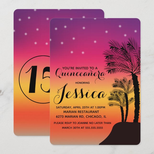 Invitation Coucher de soleil tropical Palmier Quinceañera Dou (Devant / Derrière)