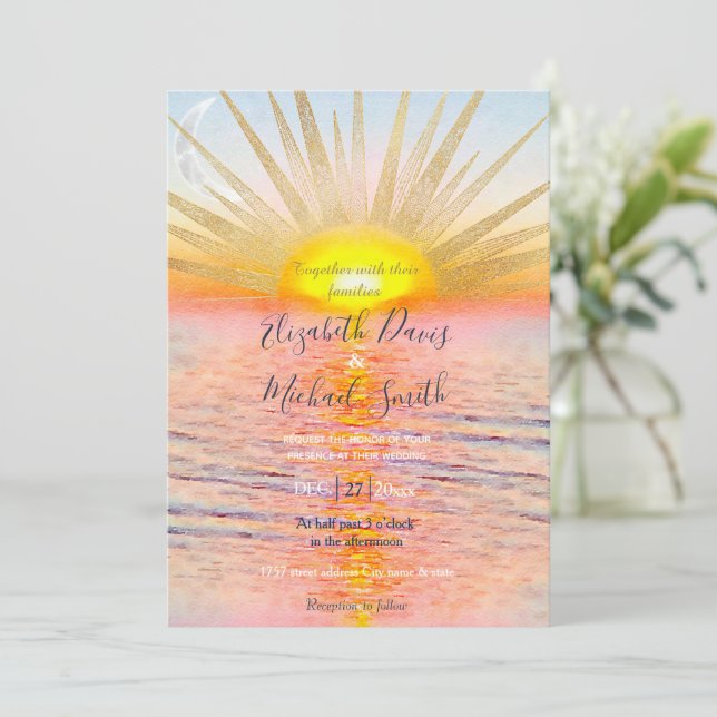 Invitation Coucher d'or Soleil Mandala Aquarelle Mer (Debout devant)