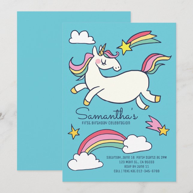 Invitation Coucou Doodle Rainbow Unicorn Stars Anniversaire (Devant / Derrière)