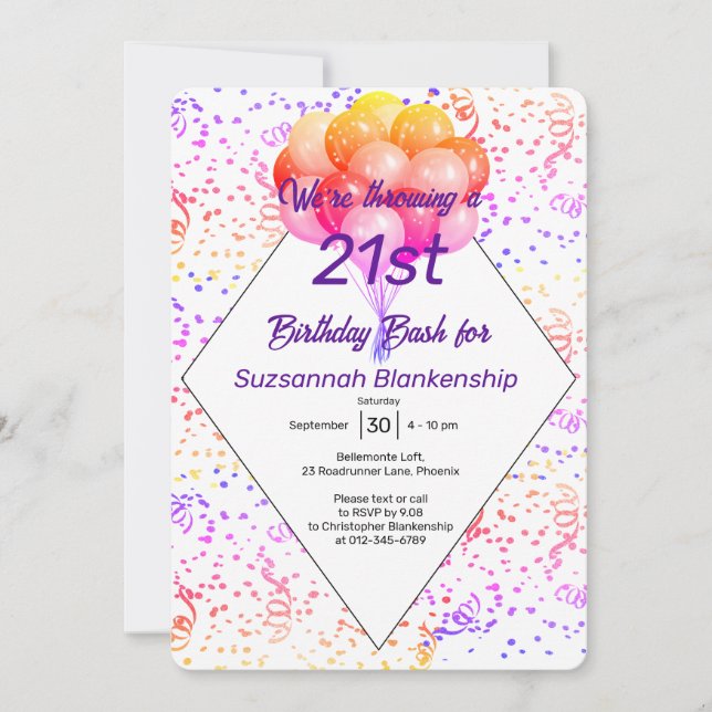 Invitation Couleur Confetti Balloon personnalisé Anniversaire (Devant)