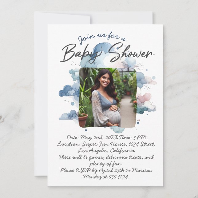 Invitation Couleur d'aquarelle bleue, script de baby shower p (Devant)