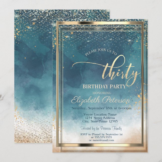 Invitation Couleur d'aquarelle Gold 30e fête d'anniversaire (Devant / Derrière)