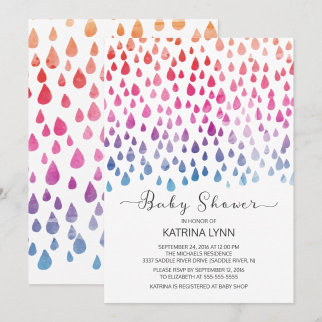 Invitation Couleur d'aquarelle Raindrop Baby shower neutre (Devant / Derrière)