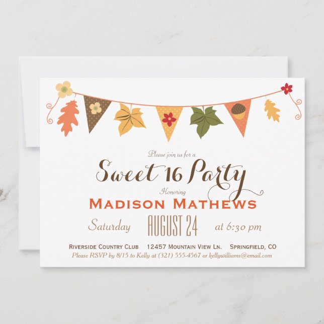 Invitation Couleur d'automne Feuille Bunting Sweet 16 Anniver (Devant)