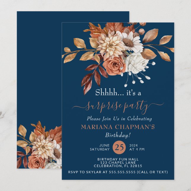 Invitation Couleur d'automne Floral Marine Blue Surprise Part (Devant / Derrière)
