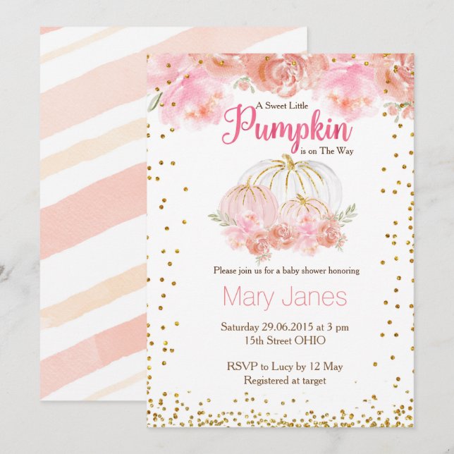 Invitation Couleur d'baby shower citrouille de fille rose (Devant / Derrière)