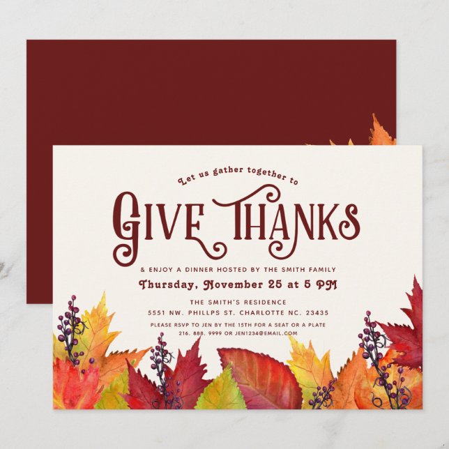 Invitation Couleur de l'automne | Merci Thanksgiving Dîner (Devant / Derrière)
