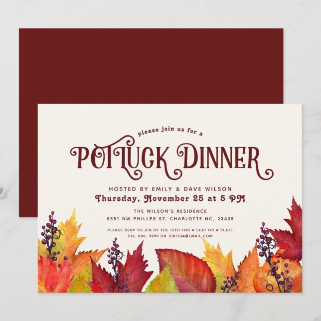 Invitation Couleur de l'automne | Soirée Thanksgiving PotLuck (Devant / Derrière)