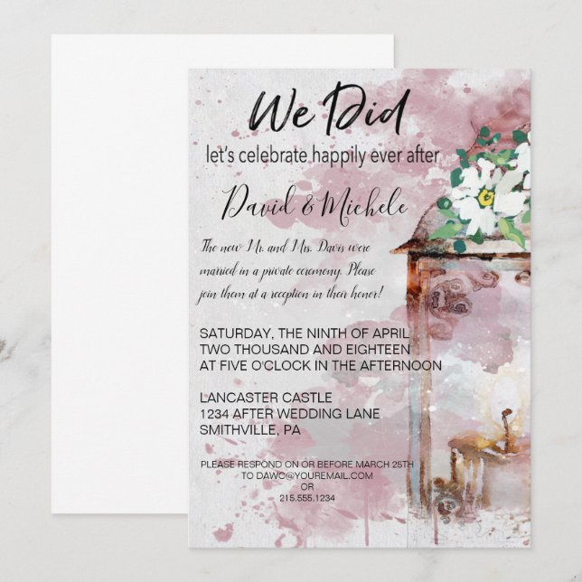Invitation Couleur de l'eau Lanterne & Fleurs après mariage (Devant / Derrière)