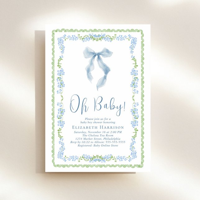 Invitation Couleur d'eau bleu vert mignonne Cadres bébé garço (Créateur téléchargé)