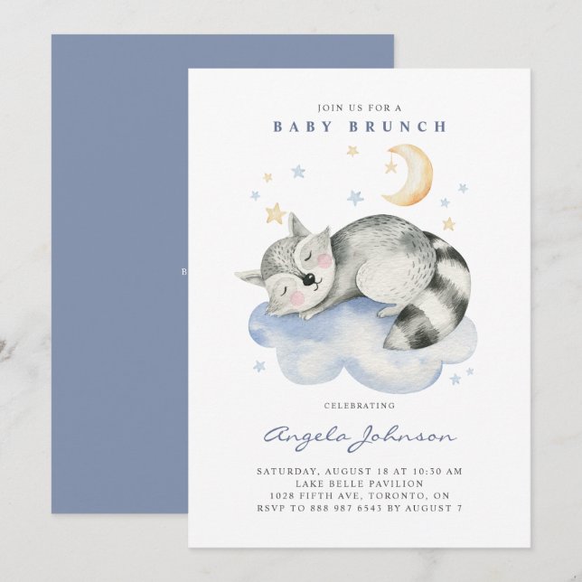 Invitation Couleur d'eau douce couchage Raccoon bébé Brunch (Devant / Derrière)