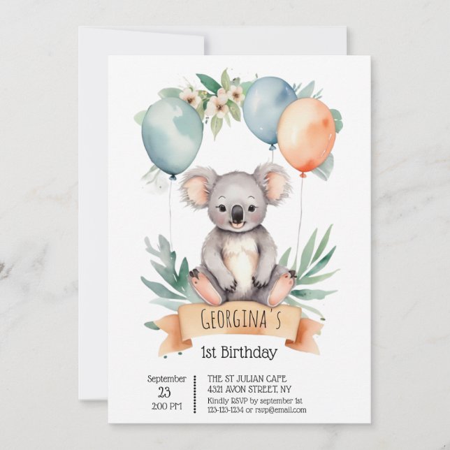 Invitation Couleur d'eau douce Koala avec ballons d'anniversa (Devant)