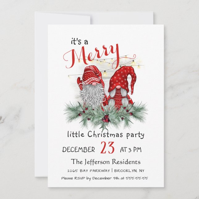 Invitation Couleur d'eau douce Rouge Gnomes Petit Noël (Devant)