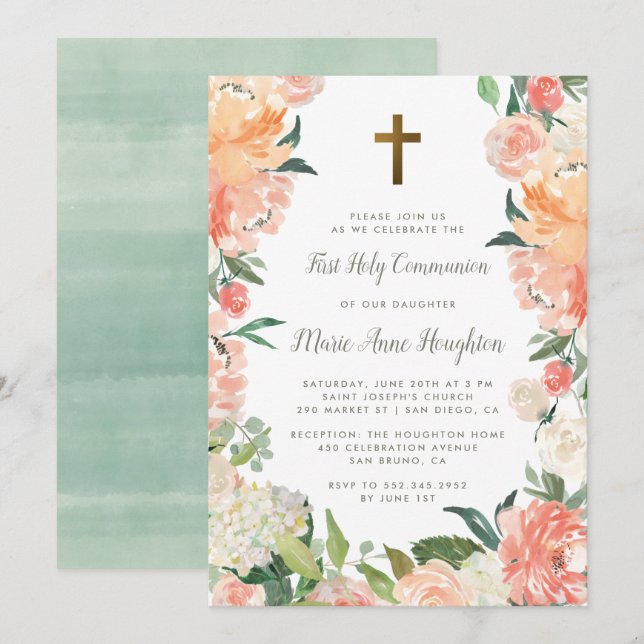 Invitation Couleur d'eau et cadre floral Première communion s (Devant / Derrière)