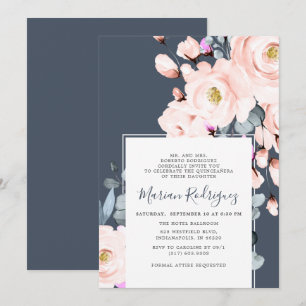 Invitation Couleur d'eau florale unique Blush & Navy Quinceañ