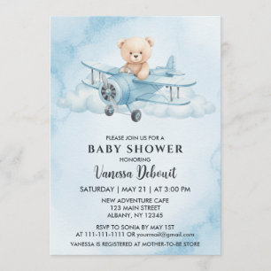 Invitation Couleur d'eau mignonne Ours en peluche Baby shower