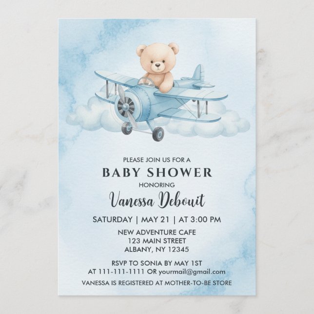 Invitation Couleur d'eau mignonne Ours en peluche Baby shower (Devant)