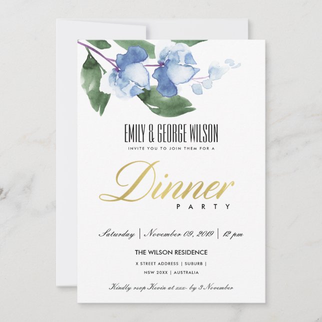 INVITATION COULEUR D'EAU VERT BLEU FLORAL DÎNER FLORAL (Devant)