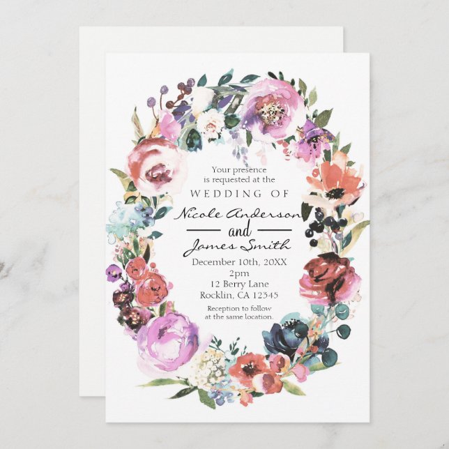 Invitation Couleur douce Aquarelle Floral Mariage Wreath (Devant / Derrière)