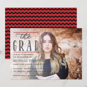 Invitation Couleur noire et rouge Chevron Graduate Party invi