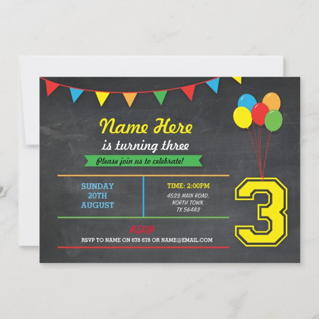 Invitation Couleur primaire Filles d'anniversaire Garçons 3e  (Devant)