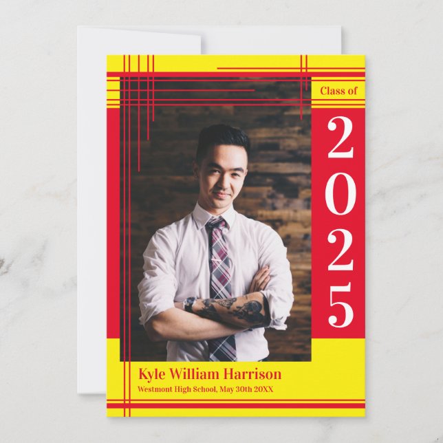Invitation Couleur rouge de l'école Jaune Graduation Photo Pl (Devant)