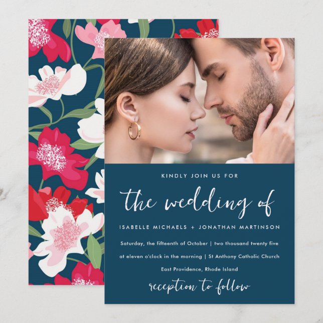 Invitation Couleur Rouge Floral Motif Photo Mariage Bleu (Devant / Derrière)