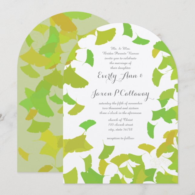 Invitation Couleur verte et automne Ginkgo Feuille Mariage (Devant / Derrière)