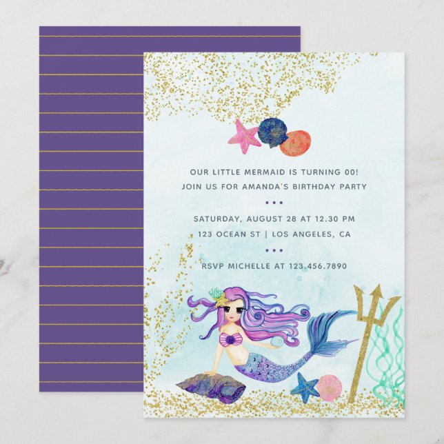 Invitation Couleurs branchées Mermaid thème fête d'anniversai (Devant / Derrière)